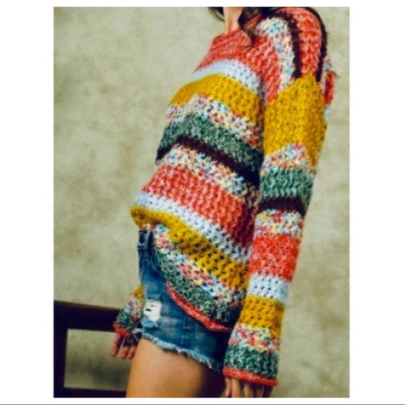 MULTI COLOR BLOCK STRIPED BOHO CHIC SWEATER - Picture 2 of 8